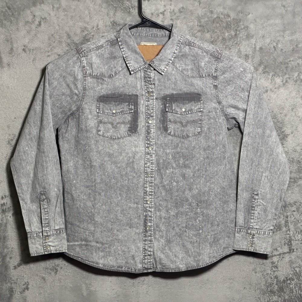 Kimes Ranch Shirt Womens XXL Gray Western Uncomplicated Acid Wash Pearl Snap